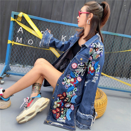 Machine Embroidery Ripped Mid-length Street Denim Coat