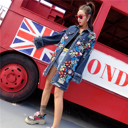 Machine Embroidery Ripped Mid-length Street Denim Coat
